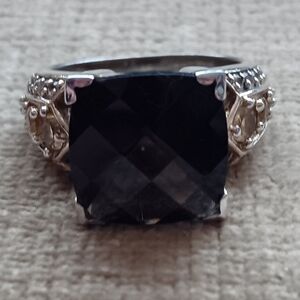 Black Glass Multi-faceted Four Prong Setting Silver Gold Plated Ring